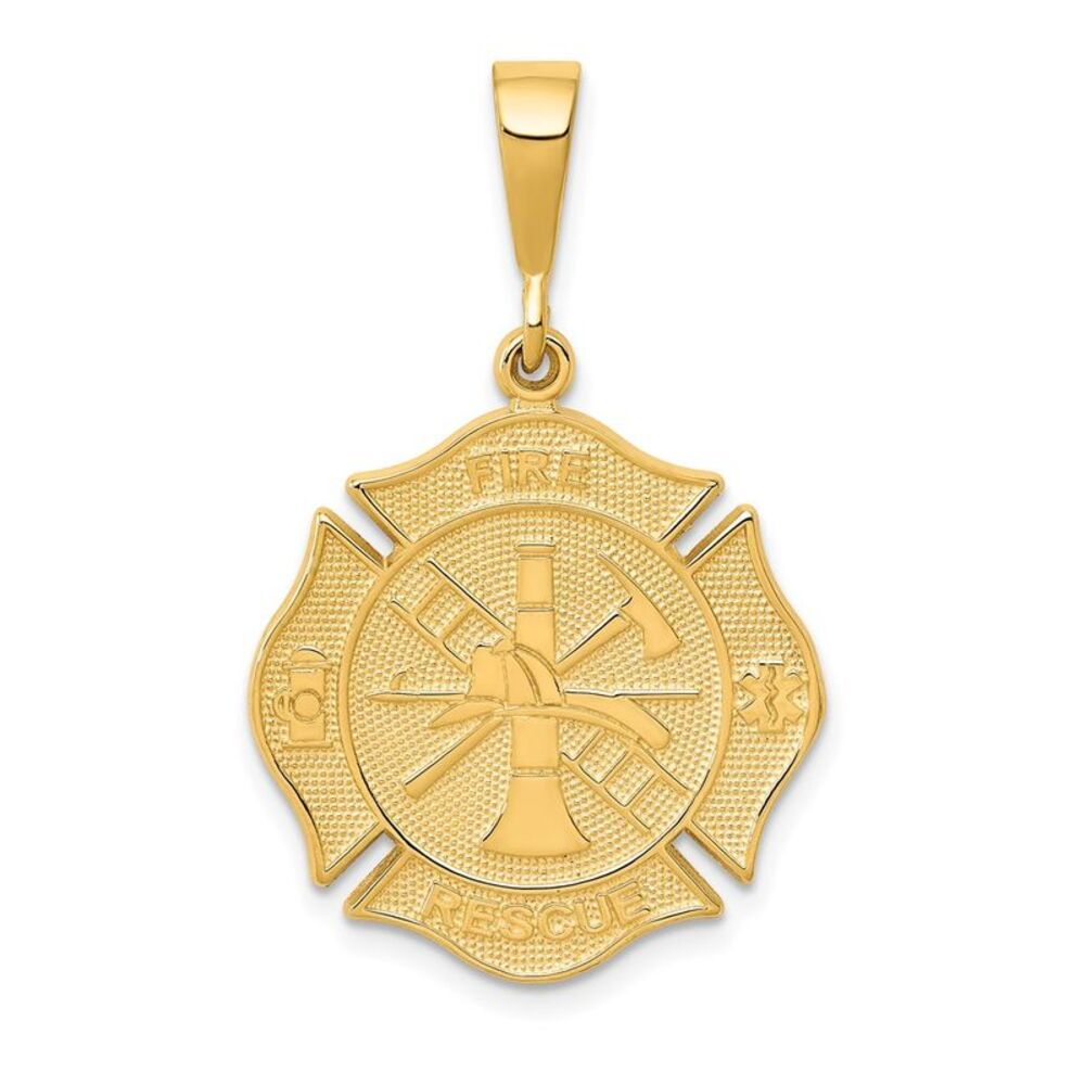 14k Yellow Gold Textured Fire Rescue Shield Pendant